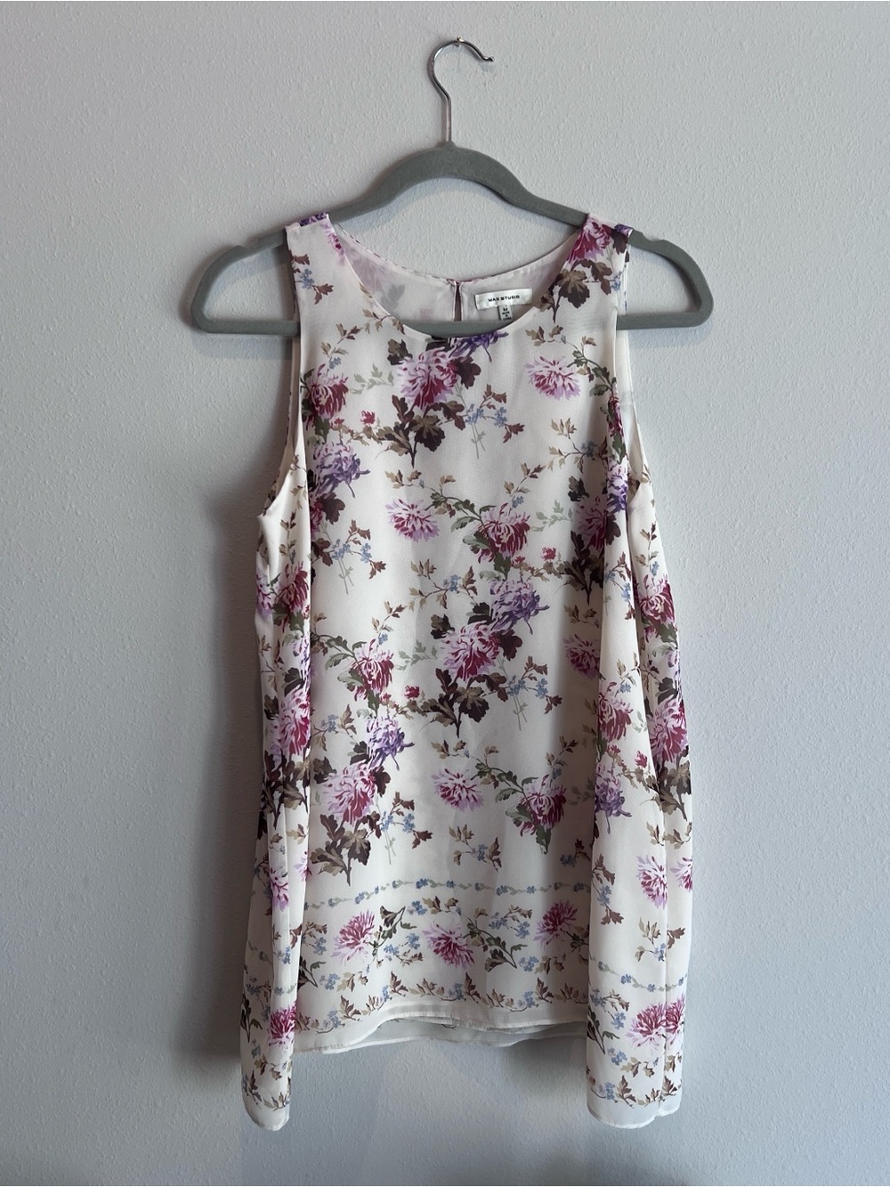 Max Studio Floral Sleeveless Blouse Tank Top Purple Pink Cream Women's Size M